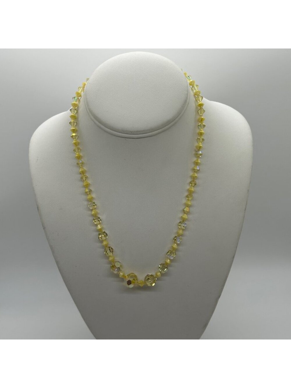 Vintage Yellow Aurora Borealis Necklace Glass Bead Spring Ring Clasp1950-1960
